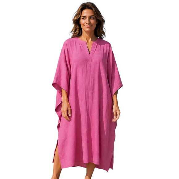 120% Lino Pink Linen Kaftan Dress Pink Sequin Embroidered Design New - Picture 1 of 10